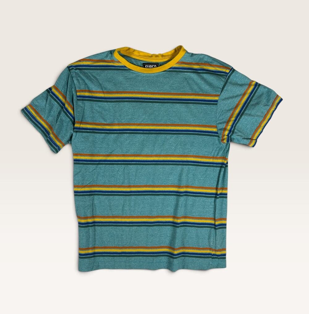 Super Massive Men's Striped T-Shirt Size L Teal Retro Stripe